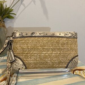 Coach Straw and Snake Embossed Trim Wristlet with Studs